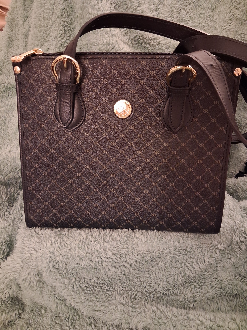 Authentic Rioni Signature Monogram Shoulder Bag – Classic Dark Brown/Gold